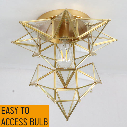 Brass Moravian Star Ceiling Light, 18-in, Transparent Glass